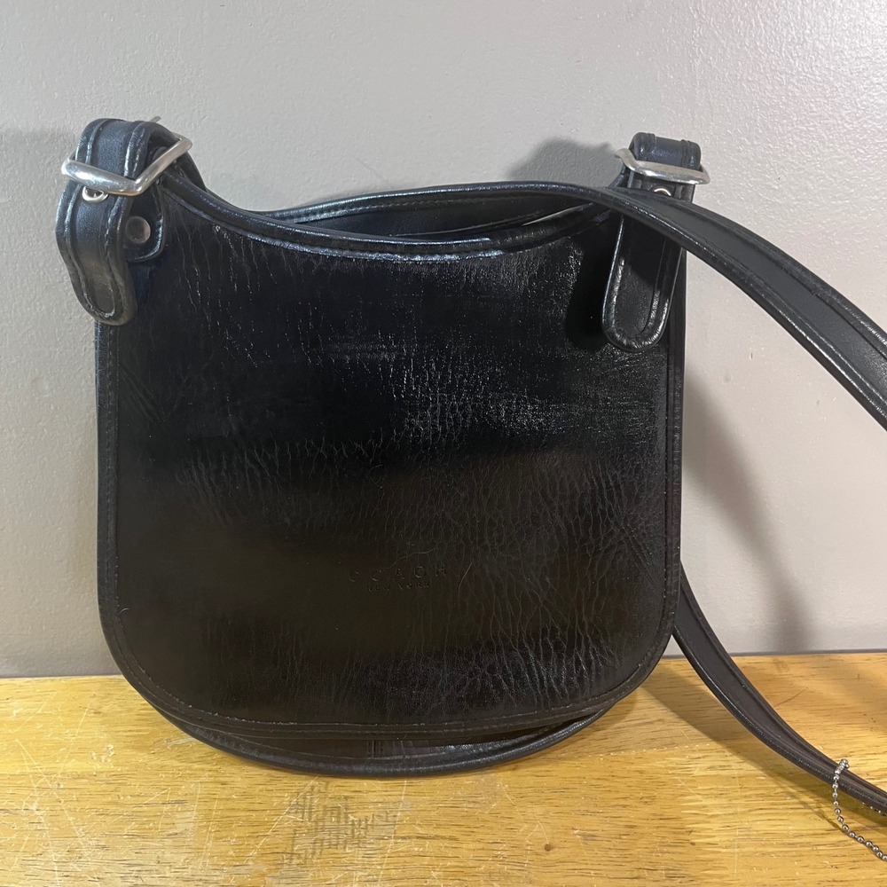 Vtg Coach Black Leather Crossbody Bag Silver Hardware Organizer Pocket